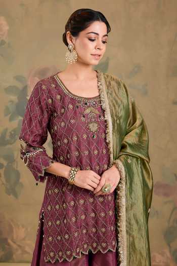 Shop Studio A Magenta Tissue Scoop Neck Embroidered Kurta Sharara Set Online at Aza Fashions Shop_Studio A_Magenta Tissue Scoop Neck Embroidered Kurta Sharara Set _Online_at_Aza_Fashions