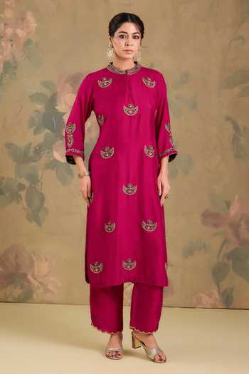 Studio A_Magenta Silk Mandarin Collar, Yes Embroidered Kurta Set _Online_at_Aza_Fashions