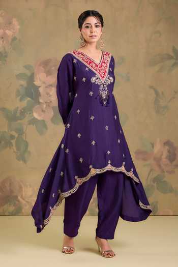 Studio A Purple Silk V-neck, Yes Asymmetric Embroidered Kurta Set Online at Aza Fashions Studio A_Purple Silk V-neck, Yes Asymmetric Embroidered Kurta Set _Online_at_Aza_Fashions