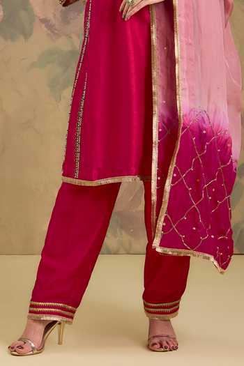 Studio A_Magenta Silk V-neck Embroidered Kurta Set _Online_at_Aza_Fashions