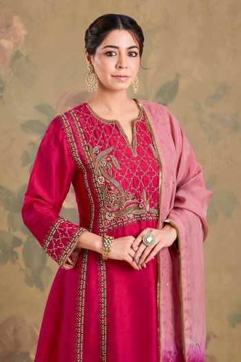 Shop_Studio A_Magenta Silk V-neck Embroidered Kurta Set _Online_at_Aza_Fashions