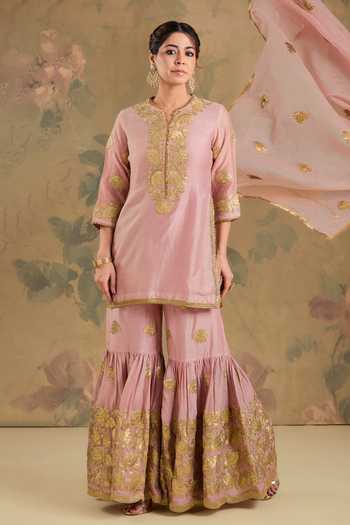 Studio A_Pink Chanderi Silk Split V-neck, Yes Embroidered Kurta Gharara Set _Online_at_Aza_Fashions