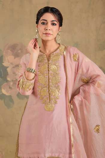 Buy_Studio A_Pink Chanderi Silk Split V-neck, Yes Embroidered Kurta Gharara Set _Online_at_Aza_Fashions