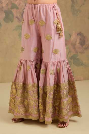 Shop_Studio A_Pink Chanderi Silk Split V-neck, Yes Embroidered Kurta Gharara Set _Online_at_Aza_Fashions