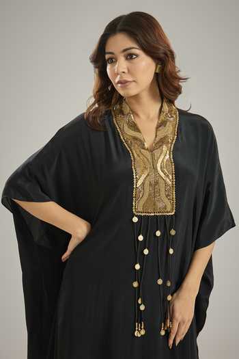 Studio A Black Crepe V-neck Embroidered Kaftan And Pant Set Online at Aza Fashions Studio A_Black Crepe V-neck Embroidered Kaftan And Pant Set _Online_at_Aza_Fashions