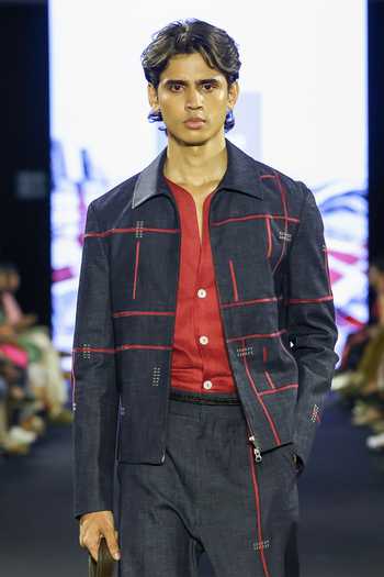 Dhruv Vaish Contrast Embroidered Denim Jacket Set 