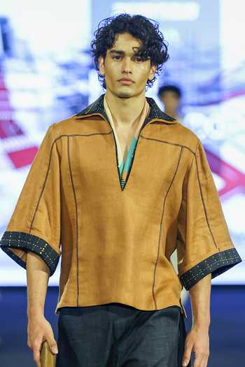 Dhruv Vaish Orange Linen, Denim Contrast T Shirt And Shorts Set Online at Aza Fashions Dhruv Vaish_Orange Linen, Denim Contrast T Shirt And Shorts Set _Online_at_Aza_Fashions