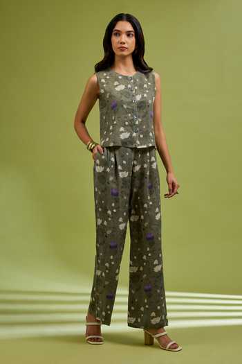 Ewoke_Olive Green Hemp Round Neck Floral Woven Top And Pant Set _Online_at_Aza_Fashions