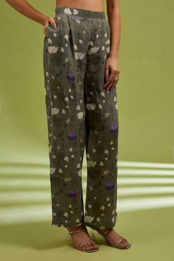 Buy_Ewoke_Olive Green Hemp Round Neck Floral Woven Top And Pant Set _Online_at_Aza_Fashions