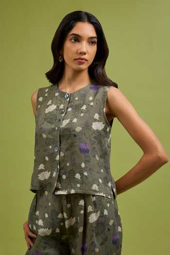 Shop_Ewoke_Olive Green Hemp Round Neck Floral Woven Top And Pant Set _Online_at_Aza_Fashions