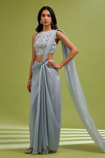 Buy Ewoke Silver Tissue Round Neck Pre-draped Saree With Embellished Blouse Online at Aza Fashions Buy_Ewoke_Silver Tissue Round Neck Pre-draped Saree With Embellished Blouse _Online_at_Aza_Fashions