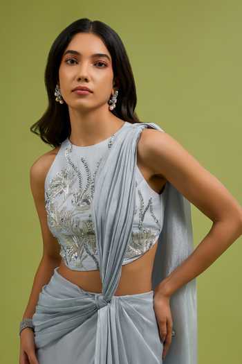 Shop Ewoke Silver Tissue Round Neck Pre-draped Saree With Embellished Blouse Online at Aza Fashions Shop_Ewoke_Silver Tissue Round Neck Pre-draped Saree With Embellished Blouse _Online_at_Aza_Fashions