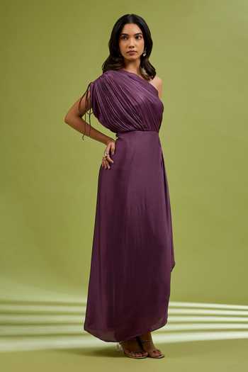 Ewoke Purple Georgette, Satin One Shoulder Draped Dress Online at Aza Fashions Ewoke_Purple Georgette, Satin One Shoulder Draped Dress _Online_at_Aza_Fashions