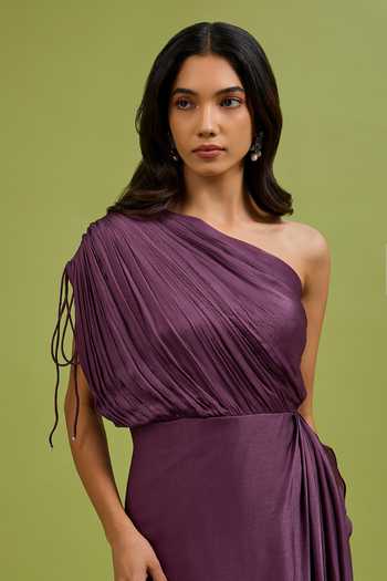 Buy Ewoke Purple Georgette, Satin One Shoulder Draped Dress Online at Aza Fashions Buy_Ewoke_Purple Georgette, Satin One Shoulder Draped Dress _Online_at_Aza_Fashions