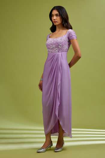 Ewoke Purple Georgette, Satin Embroidery, Beads, Stones Off-shoulder Hand Gown Online at Aza Fashions Ewoke_Purple Georgette, Satin Embroidery, Beads, Stones Off-shoulder Hand Gown _Online_at_Aza_Fashions