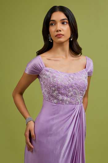 Buy Ewoke Purple Georgette, Satin Embroidery, Beads, Stones Off-shoulder Hand Gown Online at Aza Fashions Buy_Ewoke_Purple Georgette, Satin Embroidery, Beads, Stones Off-shoulder Hand Gown _Online_at_Aza_Fashions