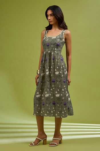 Ewoke Green Hemp Square Neck Floral Woven Dress Online at Aza Fashions Ewoke_Green Hemp Square Neck Floral Woven Dress _Online_at_Aza_Fashions