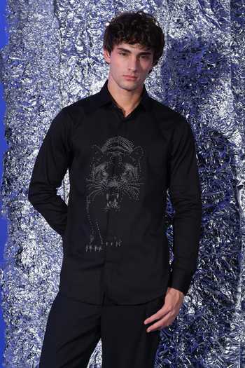 Sanjana Reddy Designs Black Cotton Walking Panther Embroidered Shirt Online at Aza Fashions Sanjana Reddy Designs_Black Cotton Walking Panther Embroidered Shirt _Online_at_Aza_Fashions