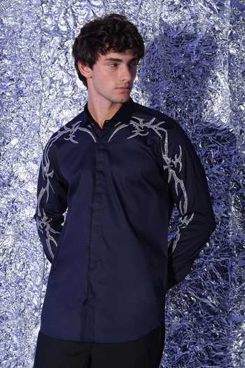 Shop Sanjana Reddy Designs Blue Cotton Gothik Embroidered Shirt Online at Aza Fashions Shop_Sanjana Reddy Designs_Blue Cotton Gothik Embroidered Shirt _Online_at_Aza_Fashions