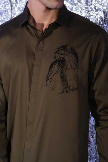 Sanjana Reddy Designs Olive Green Cotton Black Panther Embroidered Shirt Online at Aza Fashions Sanjana Reddy Designs_Olive Green Cotton Black Panther Embroidered Shirt _Online_at_Aza_Fashions