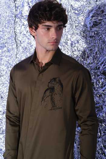 Buy Sanjana Reddy Designs Olive Green Cotton Black Panther Embroidered Shirt Online at Aza Fashions Buy_Sanjana Reddy Designs_Olive Green Cotton Black Panther Embroidered Shirt _Online_at_Aza_Fashions