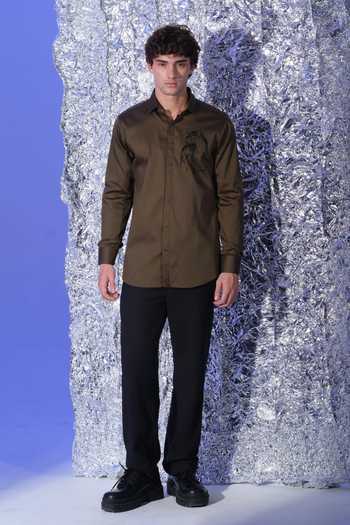 Shop Sanjana Reddy Designs Olive Green Cotton Black Panther Embroidered Shirt Online at Aza Fashions Shop_Sanjana Reddy Designs_Olive Green Cotton Black Panther Embroidered Shirt _Online_at_Aza_Fashions