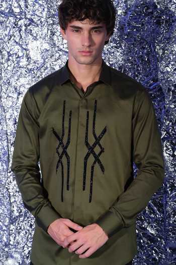Sanjana Reddy Designs Olive Green Cotton Abstract Cross Pattern Shirt Online at Aza Fashions Sanjana Reddy Designs_Olive Green Cotton Abstract Cross Pattern Shirt _Online_at_Aza_Fashions