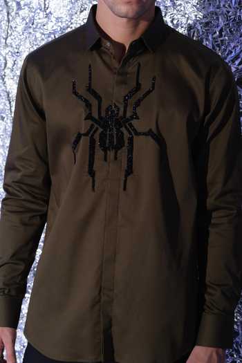 Sanjana Reddy Designs Olive Green Cotton Cutdana Embroidered Shirt Online at Aza Fashions Sanjana Reddy Designs_Olive Green Cotton Cutdana Embroidered Shirt _Online_at_Aza_Fashions