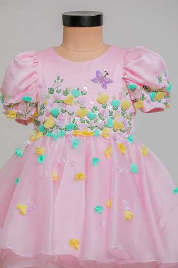 Lil Angels_Pink Organza, Satin, Cotton Embroidered Dress _Online_at_Aza_Fashions