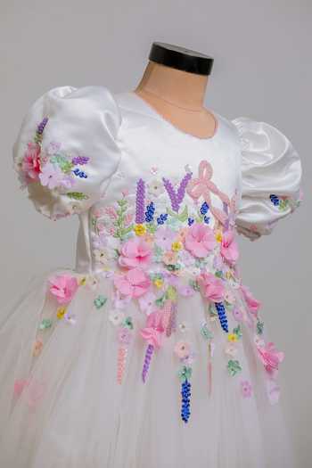 Lil Angels White Silk, Net Floral Embroidered Dress Online at Aza Fashions Lil Angels_White Silk, Net Floral Embroidered Dress _Online_at_Aza_Fashions