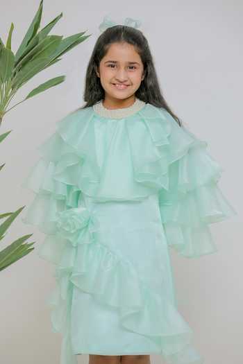 Lil Angels_Green Satin Organza, Taffeta Emily Sea Dress _Online_at_Aza_Fashions