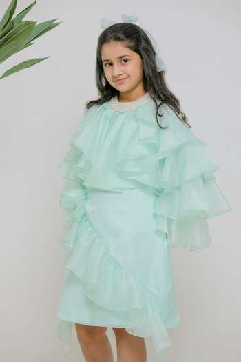 Buy_Lil Angels_Green Satin Organza, Taffeta Emily Sea Dress _Online_at_Aza_Fashions