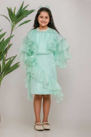 Shop_Lil Angels_Green Satin Organza, Taffeta Emily Sea Dress _Online_at_Aza_Fashions