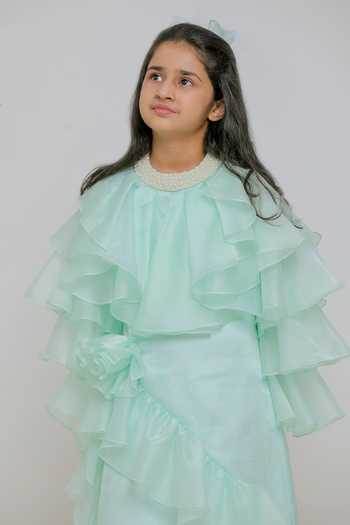 Lil Angels_Green Satin Organza, Taffeta Emily Sea Dress _at_Aza_Fashions