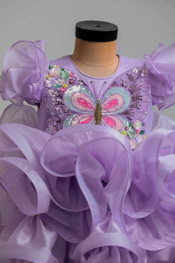Buy Lil Angels Purple Cotton, Organza, Satin Butterfly Embroidered Dress Buy_Lil Angels_Purple Cotton, Organza, Satin Butterfly Embroidered Dress
