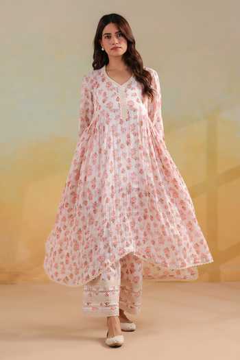 Anshu Wadhwa_Off White Cotton V-neck Floral Print Gathered Anarkali Set _Online_at_Aza_Fashions