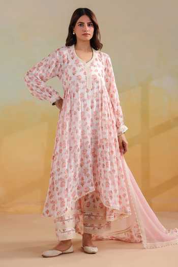 Shop_Anshu Wadhwa_Off White Cotton V-neck Floral Print Gathered Anarkali Set _Online_at_Aza_Fashions