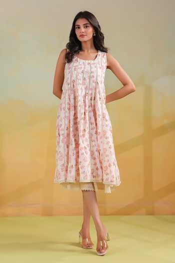 Anshu Wadhwa_White Cotton Scoop Neck Floral Print Dress _Online_at_Aza_Fashions
