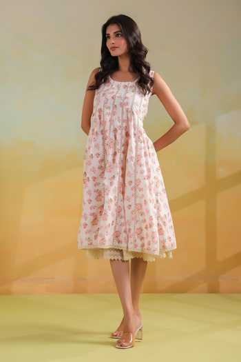 Buy_Anshu Wadhwa_White Cotton Scoop Neck Floral Print Dress _Online_at_Aza_Fashions
