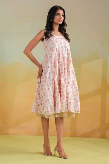 Shop_Anshu Wadhwa_White Cotton Scoop Neck Floral Print Dress _Online_at_Aza_Fashions