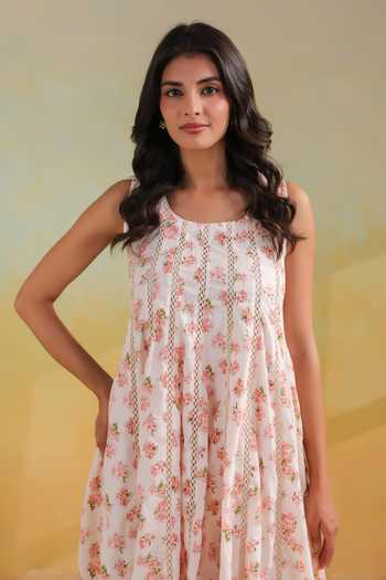 Anshu Wadhwa_White Cotton Scoop Neck Floral Print Dress _at_Aza_Fashions
