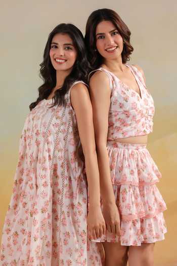 Shop_Anshu Wadhwa_White Cotton Scoop Neck Floral Print Dress 