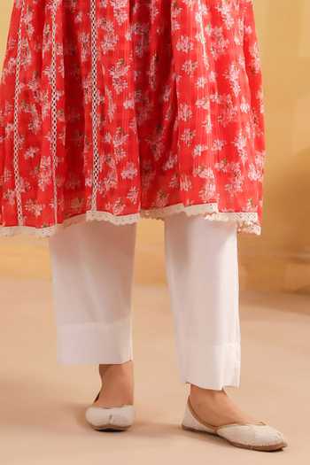 Anshu Wadhwa_Orange Cotton, Kota Doria Round Neck Floral Print Sleeveless Kalidar Kurta Set _Online_at_Aza_Fashions