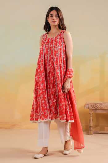 Shop_Anshu Wadhwa_Orange Cotton, Kota Doria Round Neck Floral Print Sleeveless Kalidar Kurta Set _Online_at_Aza_Fashions