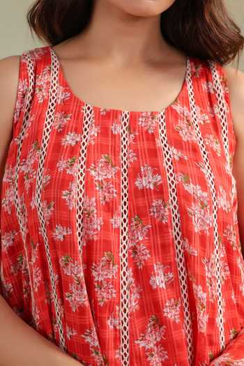 Shop_Anshu Wadhwa_Orange Cotton, Kota Doria Round Neck Floral Print Sleeveless Kalidar Kurta Set 