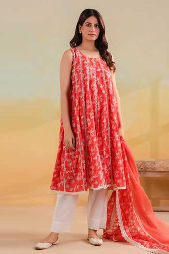 Shop_Anshu Wadhwa_Peach Cotton Round Neck, Yes Floral Print Sleeveless Kalidar Kurta And Pant Set _Online_at_Aza_Fashions