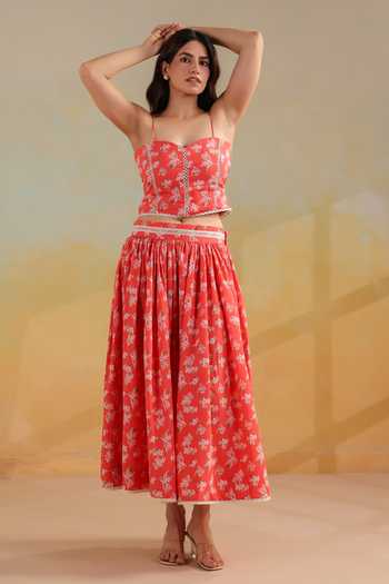 Anshu Wadhwa_Orange Cotton Sweetheart Neck Floral Print Top And Long Skirt Co-ord Set _Online_at_Aza_Fashions