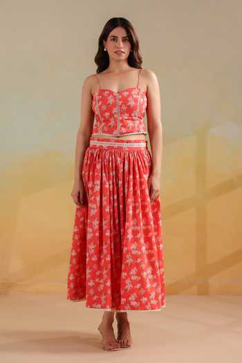 Buy_Anshu Wadhwa_Orange Cotton Sweetheart Neck Floral Print Top And Long Skirt Co-ord Set _Online_at_Aza_Fashions