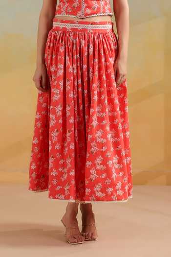 Shop_Anshu Wadhwa_Orange Cotton Sweetheart Neck Floral Print Top And Long Skirt Co-ord Set _Online_at_Aza_Fashions
