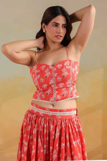 Anshu Wadhwa_Orange Cotton Sweetheart Neck Floral Print Top And Long Skirt Co-ord Set _at_Aza_Fashions